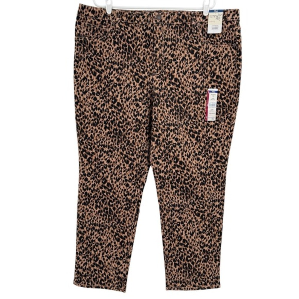 Terra & Sky Womens Core Straight Stretch Brown Leopard Denim Jeans Plus 20WP NWT